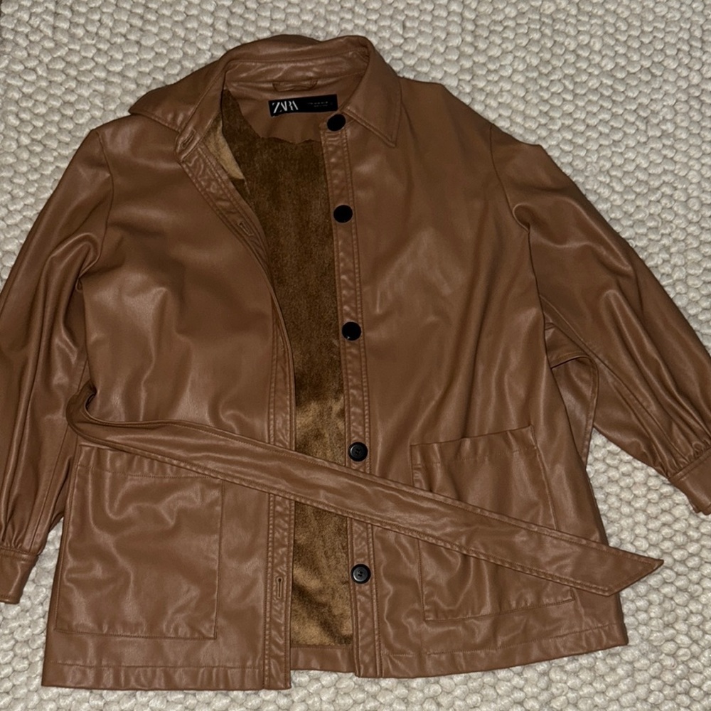 ZARA Brown Faux Leather Jacket with Belt - Picture 1 of 4